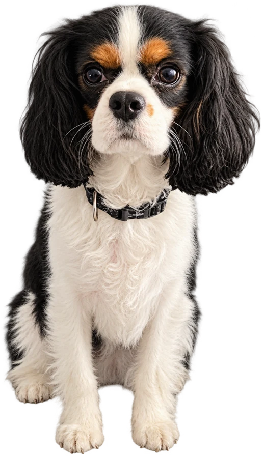Vinny, the owner's tricolor Cavalier King Charles Spaniel, sitting and looking at the camera