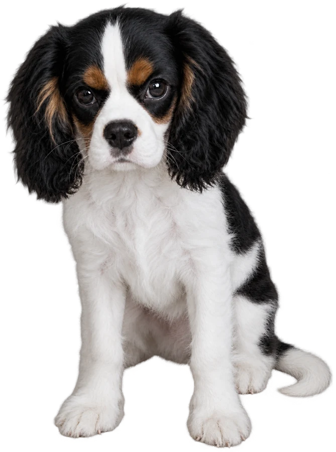 Vinny as a puppy, sitting and looking at the camera